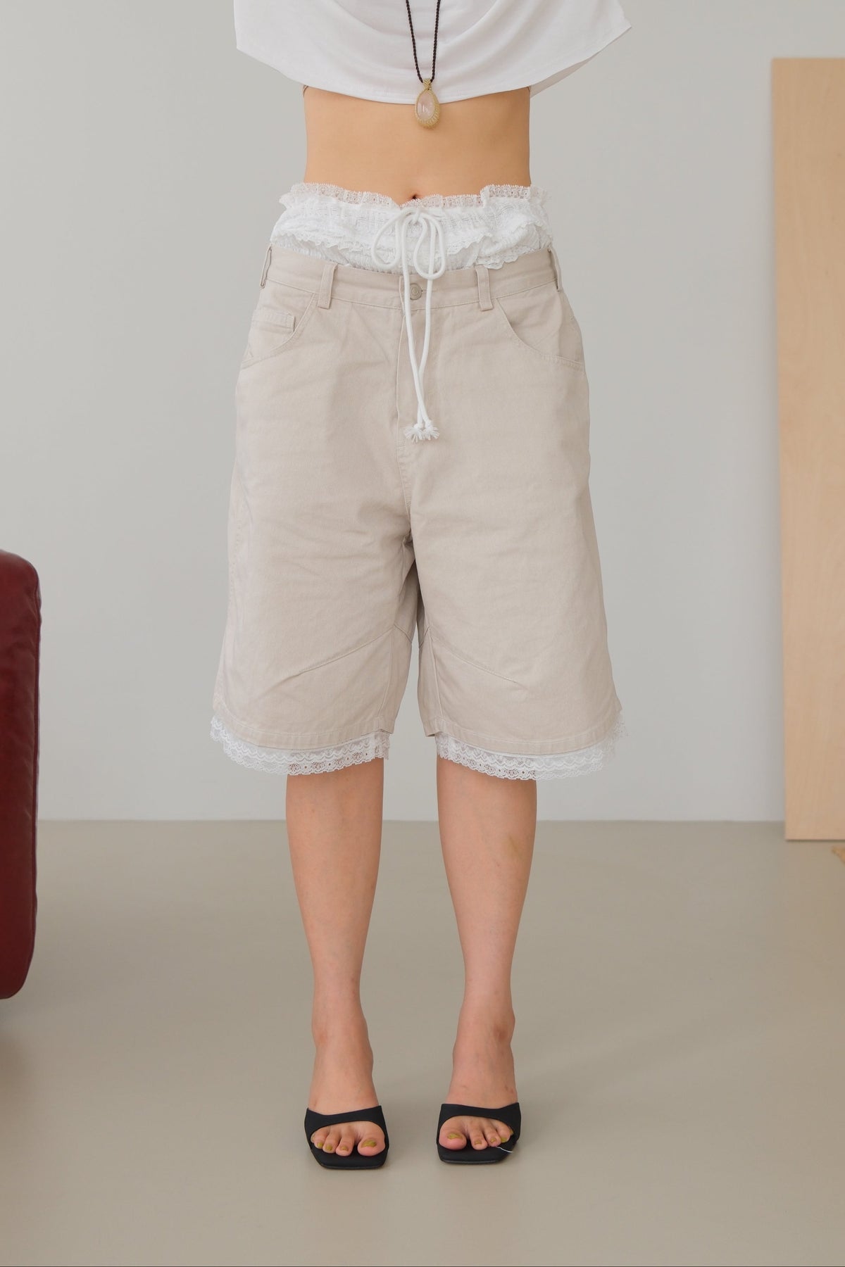 Lace-Trim Smocked Denim Jorts